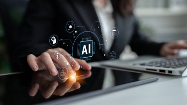 Artificial Intelligence AI as a core technology. A concept of an AI ecosystem powering data analysis, machine learning, and global networks. Motif