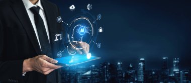 A concept of a global AI ecosystem centered on digital intelligence. Network integrates diverse applications like industrial automation, cloud computing, and fintech for worldwide innovation. Fermion