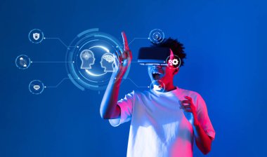 Teknoloji ve yapay zekanın kesişimini modern ve ilgi çekici bir ortamda gösteren sanal gerçeklik kulaklığı kullanan bir kişinin dinamik bir temsili. XDMCP