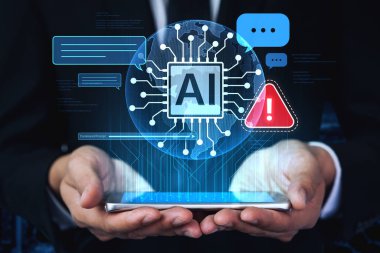 Yapay zeka arayüzü uyarı hatası ve sistem alarmı gösteriyor. Yapay zeka hatası yanlış çıktıya ya da halüsinasyona yol açabilir. Yapay zeka komut hatasını yönetmek güvenli yapay zeka dağıtımında çok önemli. Eğri