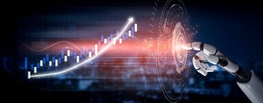 Bu resim, büyümeyi ve teknolojik gelişmeyi sembolize eden, yükselen grafikleri gösteren, holografik bir dijital arayüze uzanan robotik bir eli tasvir ediyor. Etki