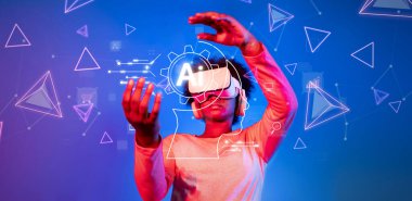 Genç bir insan, canlı dijital grafiklerle çevrili, keşif ve yeniliği sembolize eden sanal gerçeklik kulaklığı ile üretici yapay zeka teknolojisine bağlanır. XDMCP