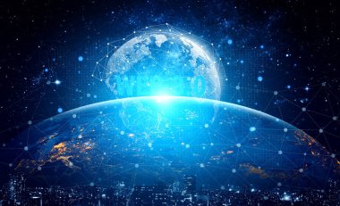 Global Web 3.0 ağ mimarisi. Dünya çapında, birbirine bağlı ve gelecek için merkezi olmayan dijital altyapı kavramı. Motif
