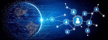 Teknoloji ve sosyal medya platformları aracılığıyla insanlar arasındaki bağlantıları ve etkileşimleri gösteren küresel bir ağın dijital temsilini keşfedin. Tessel