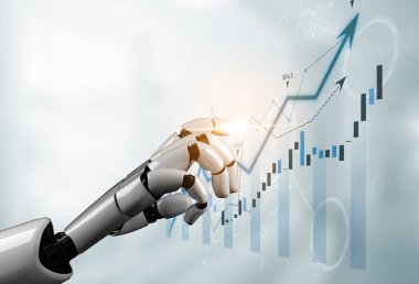 Robotik bir el, finans ve analizdeki teknoloji rolünü temsil eden gösterişli bir iş ortamındaki finansal büyüme eğilimlerini gösteren dijital bir tabloya işaret ediyor. Kafa derisi