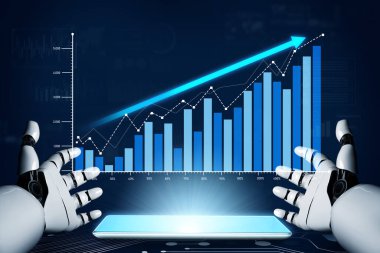 Gelecekçi bir robot dijital ekranda, veri analizi ve teknolojisindeki gelişmeyi ve yeniliği sembolize eden yükselen bir grafiği gösteriyor. Kafa derisi