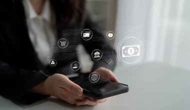 A fintech concept showing a network of digital banking services. This includes secure online payments, global transactions, and e-commerce for the modern financial system. Fermion