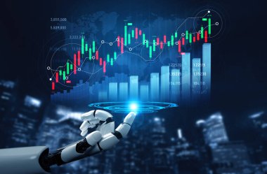 Finansal grafiklerin üzerinde parlayan bir ışıkla etkileşen robot kolu, modern ekonomilerin veri analizi ve yatırım manzaralarındaki teknoloji rolünü sembolize ediyor. Kafa derisi