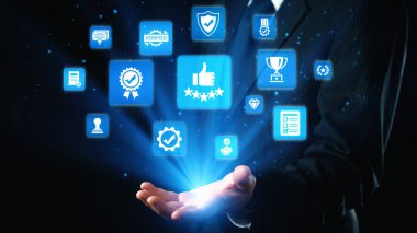 Quality approval and certification icons showing verified badge, standard check, award, trophy, inspection, rating, quality management, guarantee, trust, and compliance. Gist