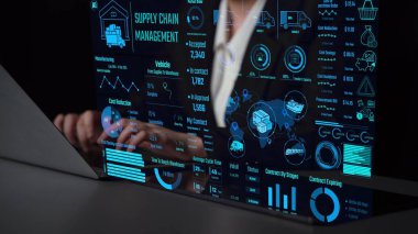 Tedarik zinciri yönetim arayüzü teslimat güzergahlarını, depo verimliliğini, maliyet tasarruflarını, araç takibini, satın alma işlemlerini ve sözleşme aşamalarını gösteriyor. Gelecekçi tedarik zinciri izleme sistemi. Thunk