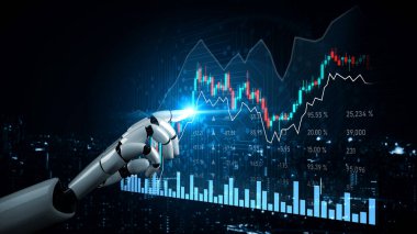 Fütürist bir robot, dijital ticaret ortamlarında teknoloji ve finans kavşağını gösteren canlı borsa verilerini ve grafiklerini işaret ediyor. Kafa derisi