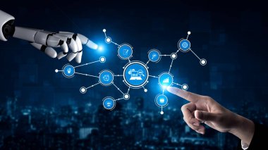 A human hand interacts with a robotic arm in a futuristic setting, illustrating the convergence of technology and human innovation, emphasizing a bright digital future. Tessel