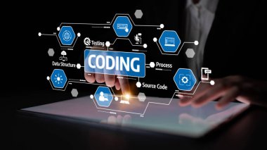 A focused individual interacts with a tablet showcasing a visual representation of coding concepts including data structure and testing, symbolizing modern programming techniques. Tessel