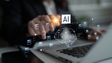 Yapay zekayı beyin yapısı, çip ve bağlı veri bloklarını hesaplama ve öğrenme için görselleştiren yapay zeka ve veri işleme sistemi