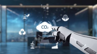 Robotik bir el, çevre sorunlarına modern çözümleri ve sürdürülebilirlik girişimlerini sembolize eden parlak ofis alanındaki karbondioksit verileriyle etkileşir. Auvana