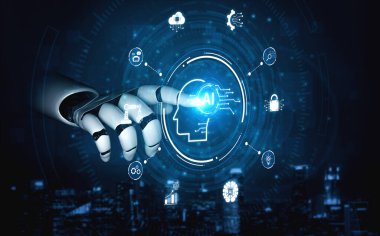 Üretici yapay zeka asistanı küresel ekosistemini gösterir. etwork otomasyon, veri analizi ve güvenlikteki bütünleşik uygulamaları gösterir, hepsi merkezi dijital zeka tarafından desteklenir. Fermion