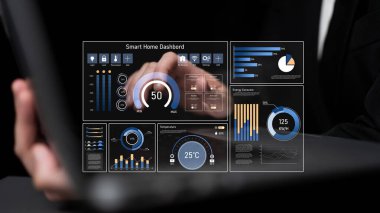 Akıllı ev paneli IOT sistemini yönetir. Akıllı ev paneli sıcaklığı kontrol eder, gösterge paneli enerjiyi izler, akıllı ev tutuş cihazları ve akıllı ev gösterge paneli veriyi izler. Latch