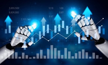 Veri grafikleriyle uğraşan robot ellerin görsel bir temsili, modern dijital ortamda teknoloji, analitik ve finansal büyümenin kesişimini sembolize ediyor. Kafa derisi