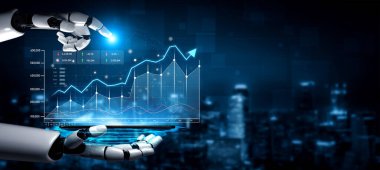 Robotik bir el, yenilik ve ilerlemeyi sembolize eden, gelecekçi bir şehir ortamında veri analizlerinde olumlu bir eğilim gösteren, parlayan bir finans grafiği sunar. Kafa derisi