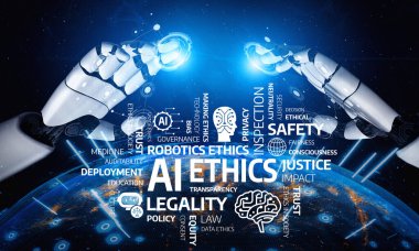 Yapay zeka etiğini ön plana çıkaran kavramsal illüstrasyon, sorumlu bir gelecek için teknoloji, yönetim ve toplumsal değerlerle ilgili anahtar sözcüklerle uğraşan robotik eller içeriyor. Tessel