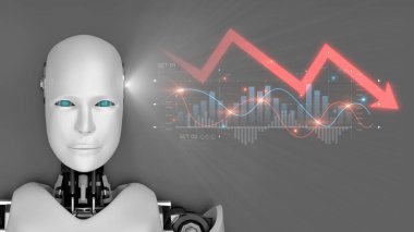 Bu resim, piyasa analizi ve teknolojisindeki zorlukları temsil eden, aşağı yönlü bir eğilimi tasvir eden, dinamik bir veri görselleştirmesi ile birlikte gelecekçi bir robot sergiliyor. Sinaps