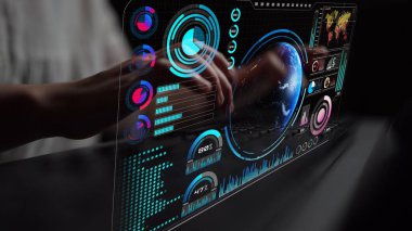 Dünya çapında dijital iletişimi, veri alışverişini ve internet bağlantısını gösteren yüksek teknolojili küresel ağ bağlantı arayüzü. Küresel bağlantı, veri etkileşimi ve dünya çapında iletişim. Thunk