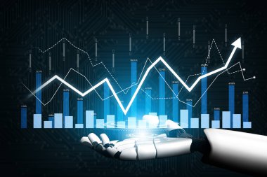 Robotik bir el, yenilik ve teknolojiyi sembolize ederek finansal veri eğilimlerinin büyümesini gösteren dinamik dijital grafikler ve grafikler sunar. Kafa derisi