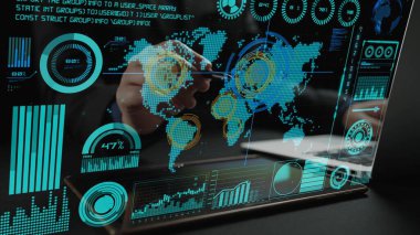 Küresel iş ölçümleri ile canlı veri görselleştirmeleri içeren, ileri düzey analitik ve içgörüleri resmetmek için mükemmel bir fütüristik şeffaf arayüz keşfedin. Şifreleme