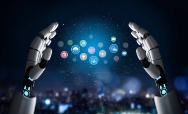 AI, finansal, analitik ve modern endüstrilerdeki güvenli bulut platformları gibi kilit hizmetleri temsil edecek iş simgelerinden oluşan dijital bir ekosistem oluşturulması ve görselleştirilmesine yardımcı olmaktadır.