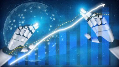 Fütürist robotik eller, dijital ortamda gelişmiş teknoloji ve yeniliği temsil eden dinamik veri grafikleri ve büyüme göstergeleriyle etkileşim halindedir. Copula