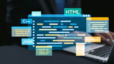 Bilgisayarda yazan bir insanla programlama unsurlarıyla çevrili kodlama dillerinin görsel bir temsili, teknoloji ve yazılım gelişimindeki yenilikleri vurguluyor. Dörtgen