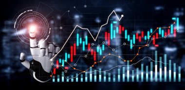 Bir robot el dinamik borsa verileriyle etkileşime geçerek, yapay zekanın ve gelişmiş teknolojinin finansal analitik ve ticarete entegrasyonunu gösteriyor. Kafa derisi