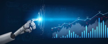 Robotik bir el, dijital ortamda ileri teknoloji ve veri analizini sembolize eden, parlak grafik ve grafiklerin yer aldığı sanal veri ekranıyla etkileşir. Kafa derisi