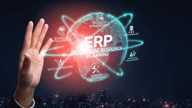 ERP platformu, kurumsal kaynak planlaması, entegrasyon, veri akışı, iş verimliliği, finans, envanter ve insan kaynaklarının iyileştirilmesi için merkezi sistemi göstermektedir. Muxer