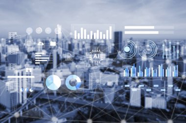 Grafikler, grafikler, grafikler ve yapay zeka elemanlarını içeren gelişmiş veri görselleştirme örtülerini gösteren, kentsel teknoloji ve yeniliğin altını çizen modern bir şehir silüeti. Gantry