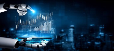 Gösterişli bir robot el, dijital arayüze bağlanarak finansal büyüme eğilimlerini gözler önüne seriyor ve gece bir şehir manzarasında yüksek teknolojili yenilikleri vurguluyor. Kafa derisi