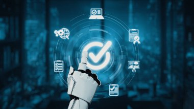 Robotik bir el, modern bir şehir manzarasında teknolojiyi, iletişimi ve otomasyonu sembolize eden dijital simgelerin arasında parlayan bir kontrol işaretine dokunur. Auvana