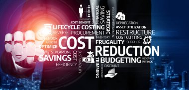 Modern bir iş ortamında bütçe, tasarruf ve verimlilik stratejilerine odaklanan maliyet azaltma yöntemlerinin görsel temsili. Finansal optimizasyonu vurguluyor. Tessel