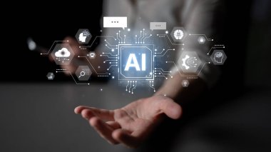 Concept of a cognitive and conversational AI. The central processor powers a chatbot, performs cloud data searches, and facilitates intelligent communication and support. Fermion