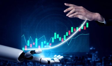İnsan eliyle robotik el arasındaki işbirliğinin görsel olarak çarpıcı bir temsili, borsa veri görselleştirmesi yoluyla finansal büyümeyi gösteriyor. Etki