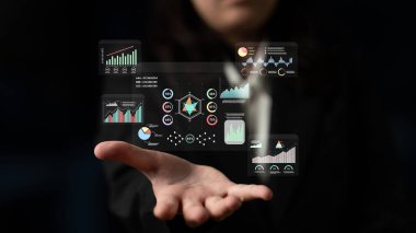 A data analytics interface for visualizing business performance metrics. A collection of charts and graphs for strategic reporting and company analysis. Motif
