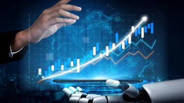 Teknoloji ve finans alanındaki yenilikleri vurgulayan dijital ölçüm ve grafiklerle etkileşen robotik bir elin iş büyümesini dinamik bir şekilde görselleştirmesi. Copula