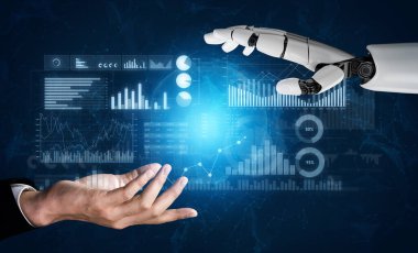 Arkaplanda dijital veri elemanları bulunan, teknolojideki işbirliğini ve yeniliği sembolize eden, robotik ele uzanan bir insan elinin yakın çekimi. Kafa derisi