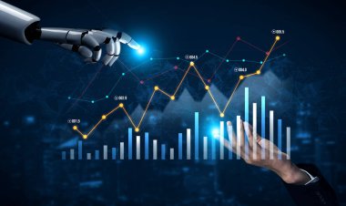 Bir robot el, insan eli ona doğru uzanırken finansal büyüme tablosuna işaret ederek, teknoloji ile iş ve finans alanlarındaki insan öngörüsü arasındaki işbirliğini sembolize ediyor. Kafa derisi