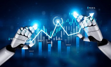 Fütürist robotik eller, dijital analitikteki teknoloji ve finans kavşağını sembolize ederek, dinamik veri grafikleri ve grafikleriyle meşgul olurlar. Kafa derisi