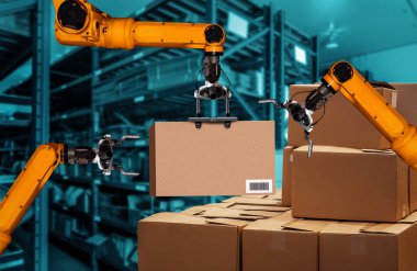 Yenilikçi depo ve fabrika dijital teknolojisi için akıllı robot kol sistemi. İnternet ağına bağlı IOT yazılımı kullanarak endüstri mühendisliği tarafından kontrol edilen otomasyon üretim robotu .