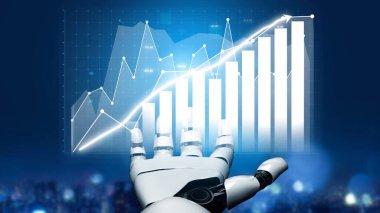 Fütürist bir robot el, teknoloji ve yapay zekadaki gelişmeleri gösteren veri grafikleri sunarak, dijital bir manzaradaki büyüme ve yeniliği yansıtıyor. Copula