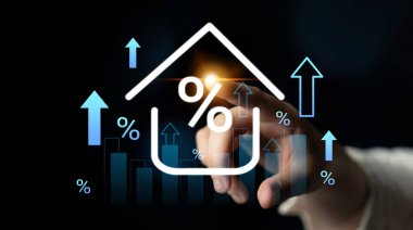 Ekonomik ilerlemeyi sembolize eden, yükselen eğilimlere, yüzde işaretlerine ve koyu arkaplandaki grafiklere işaret eden finansal büyümenin görsel temsili. Gantry