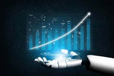 Fütürist bir robot el, teknoloji ve finans sektörlerindeki büyüme ve yeniliği sembolize eden dijital elementlerle dinamik bir finans grafiği sunar. Etki