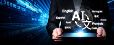 A professional showcases advanced AI technology for language translation on a tablet, highlighting major languages like English, Spanish, and French against a high-tech background. XDMCP